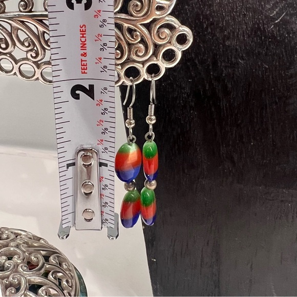 Rainbow Color Cat’s Eye Stone Wire Strung Necklace and Dangle Drop Earrings Set - Picture 5 of 6